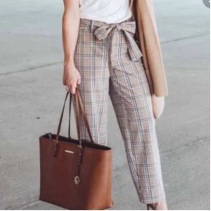 A New Day Ankle Trouser Pants Women’s 12 Tan Plaid Stretch Crop With Pockets